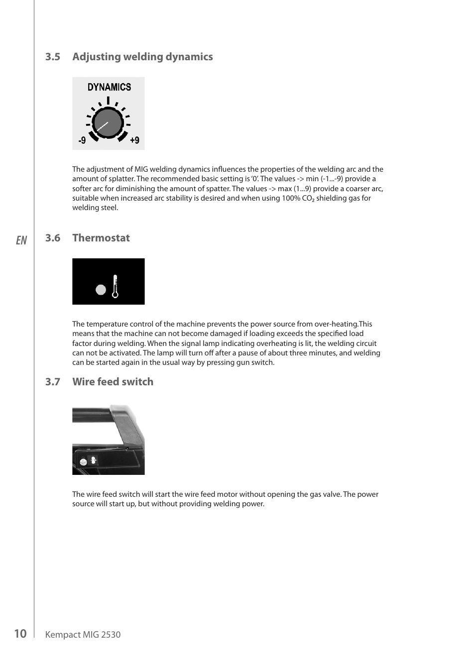 5 adjusting welding dynamics, 6 thermostat, 7 wire feed switch | Kemppi MIG 2530 User Manual | Page 12 / 16