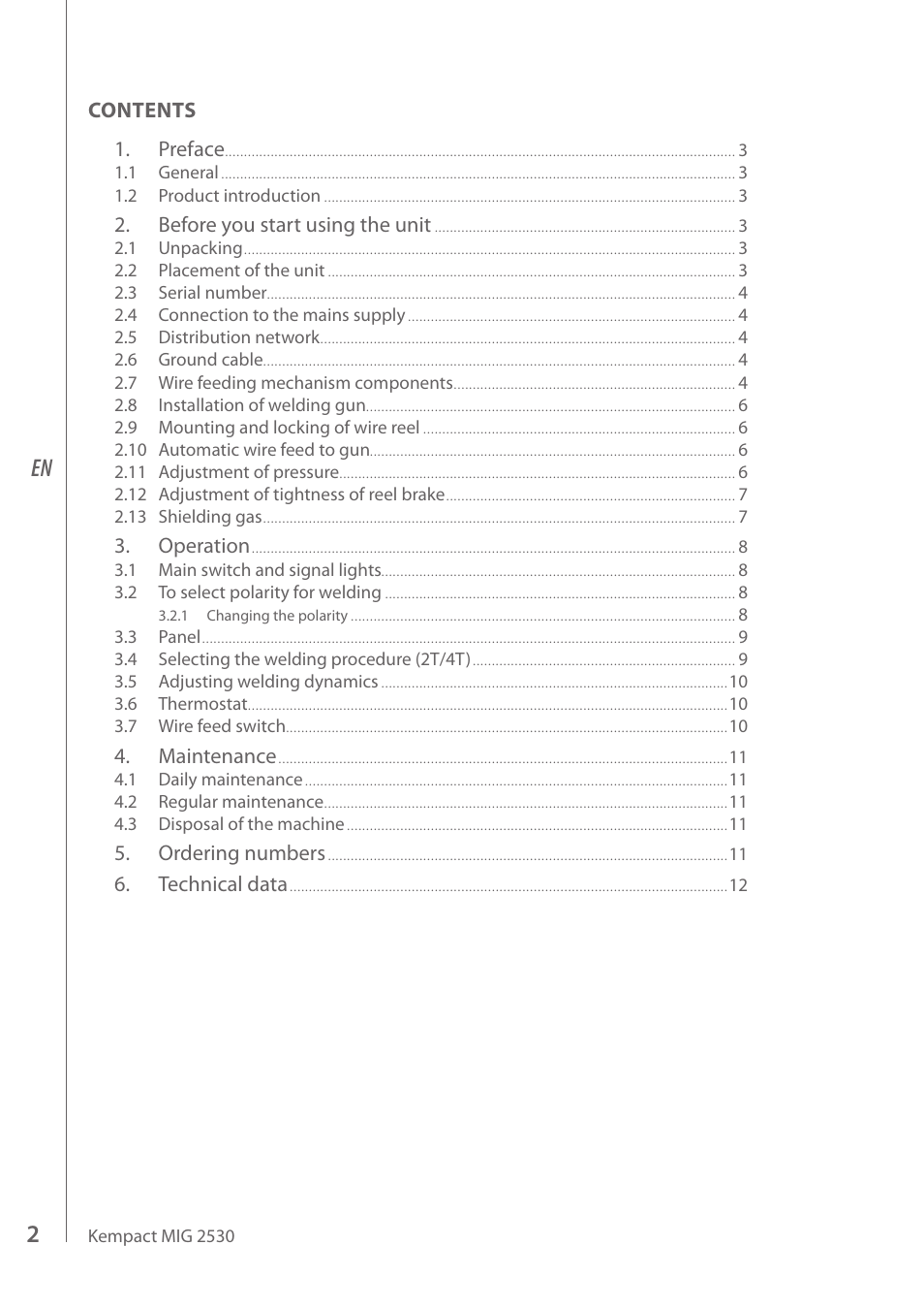 Contents 1. preface, Before you start using the unit, Operation | Maintenance, Ordering numbers, Technical data | Kemppi MIG 2530 User Manual | Page 4 / 16