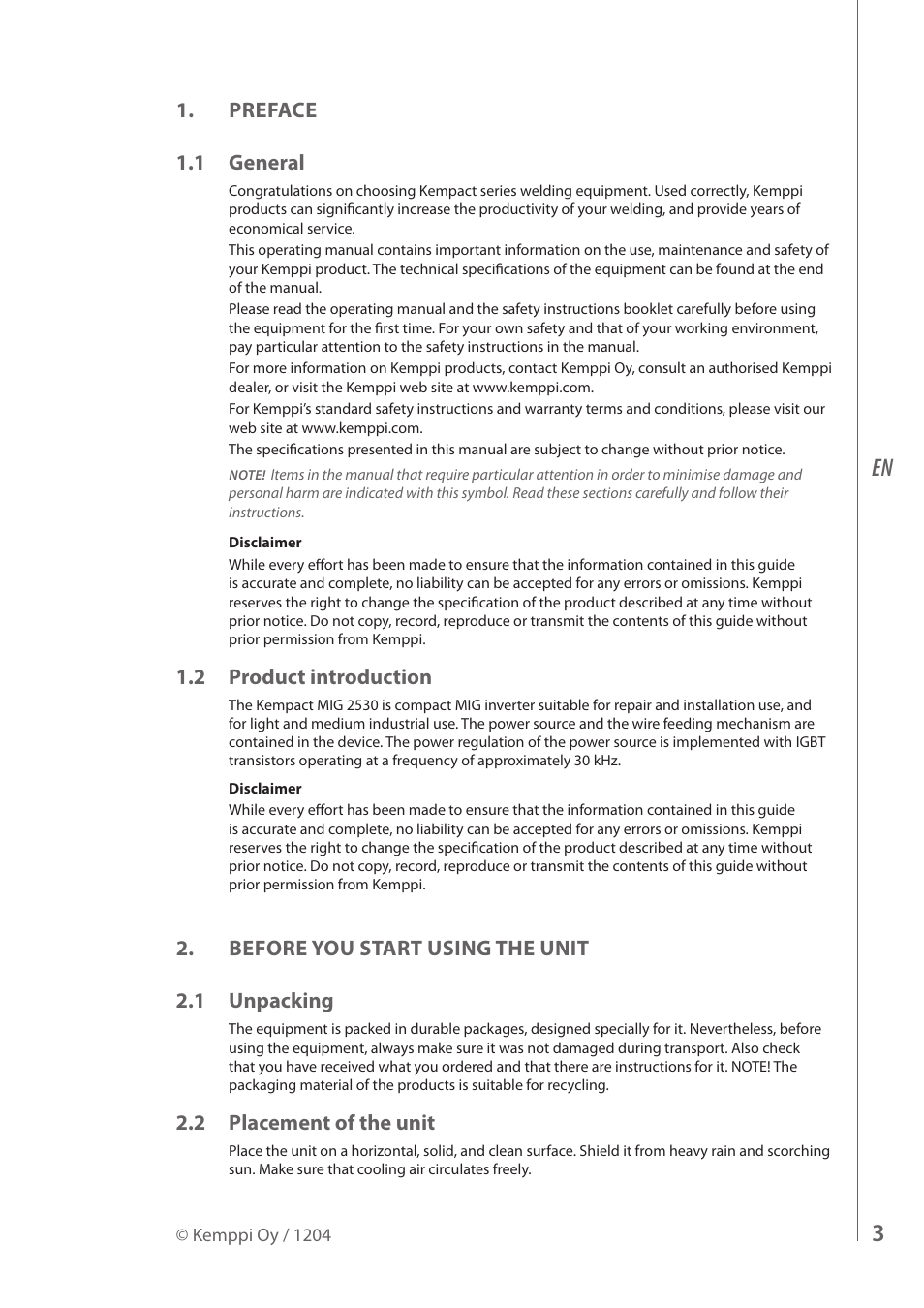 Preface 1.1 general, 2 product introduction, Before you start using the unit 2.1 unpacking | 2 placement of the unit | Kemppi MIG 2530 User Manual | Page 5 / 16