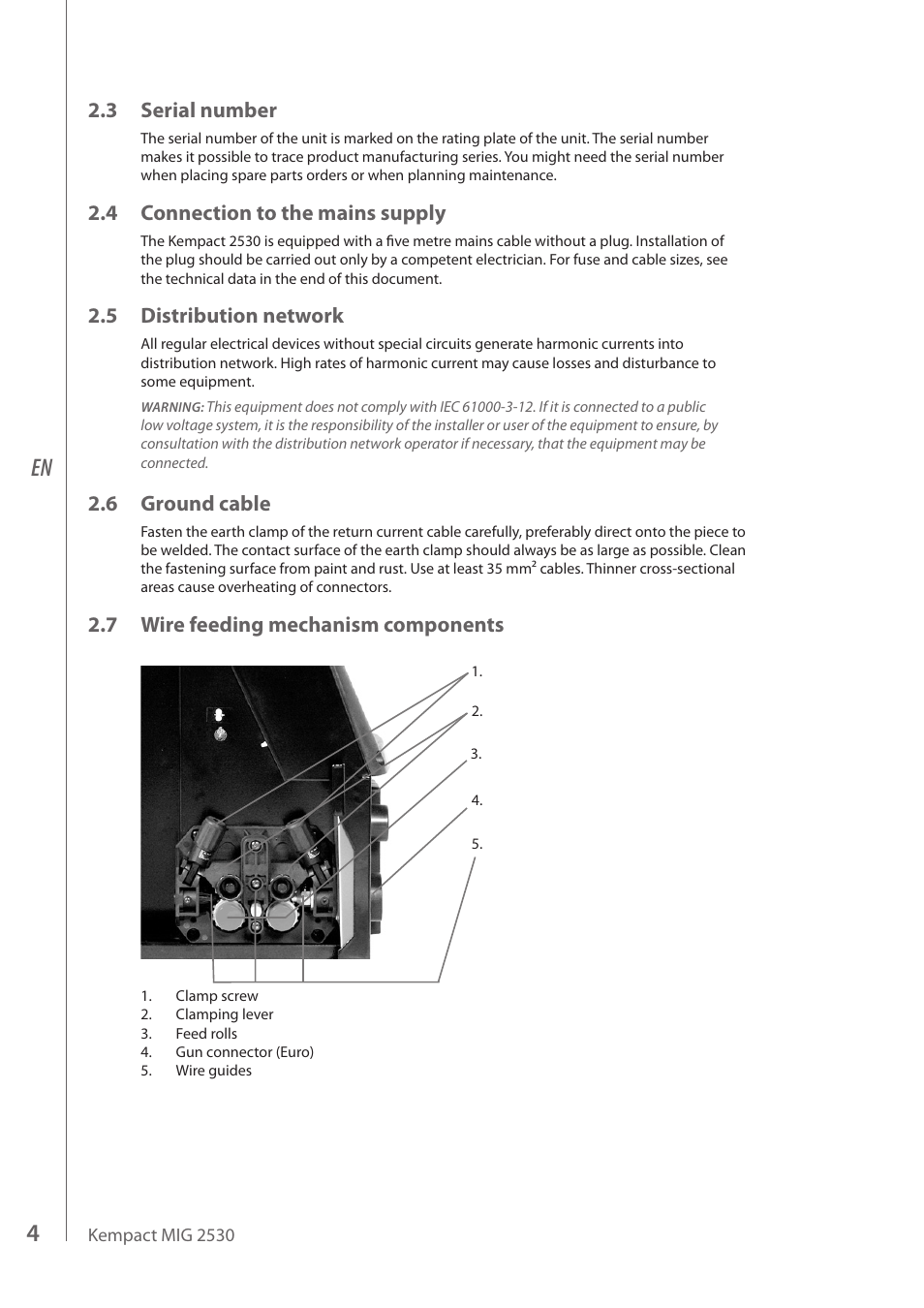 3 serial number, 4 connection to the mains supply, 5 distribution network | 6 ground cable, 7 wire feeding mechanism components | Kemppi MIG 2530 User Manual | Page 6 / 16