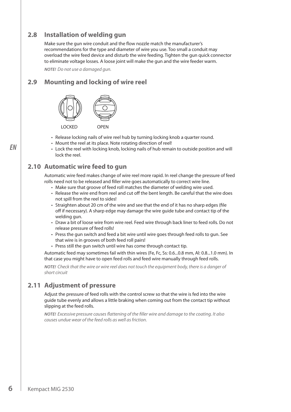 8 installation of welding gun, 9 mounting and locking of wire reel, 10 automatic wire feed to gun | 11 adjustment of pressure | Kemppi MIG 2530 User Manual | Page 8 / 16