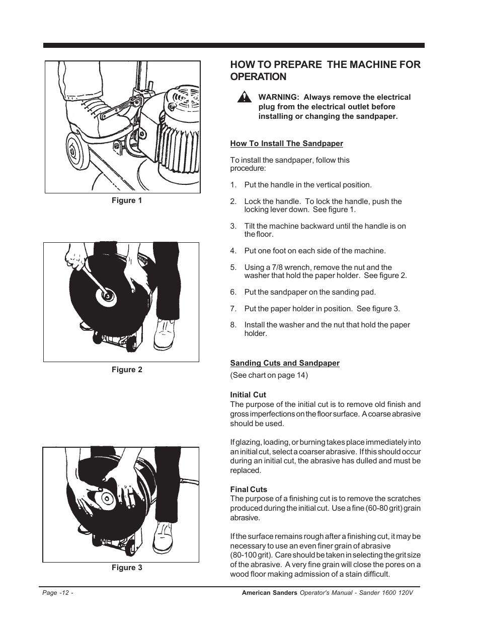 How to prepare the machine for operation, How to install the sandpaper, Sanding cuts and sandpaper | Clarke 1600 User Manual | Page 12 / 32