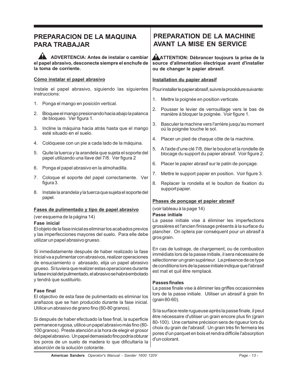 Preparacion de la maquina para trabajar, Preparation de la machine avant la mise en service | Clarke 1600 User Manual | Page 13 / 32