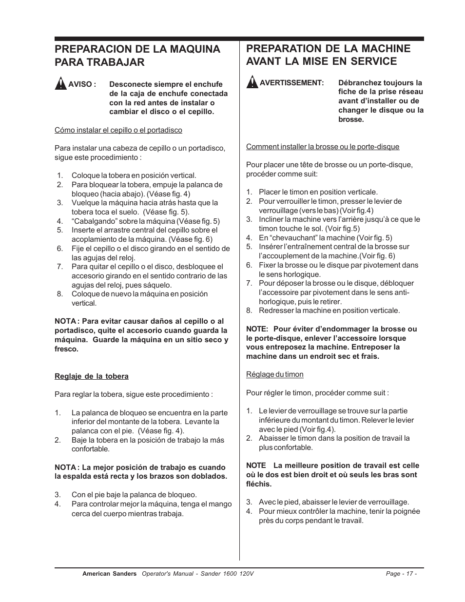 Preparacion de la maquina para trabajar, Preparation de la machine avant la mise en service | Clarke 1600 User Manual | Page 17 / 32