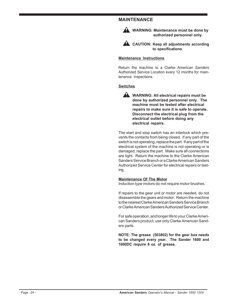 Maintenance | Clarke 1600 User Manual | Page 24 / 32