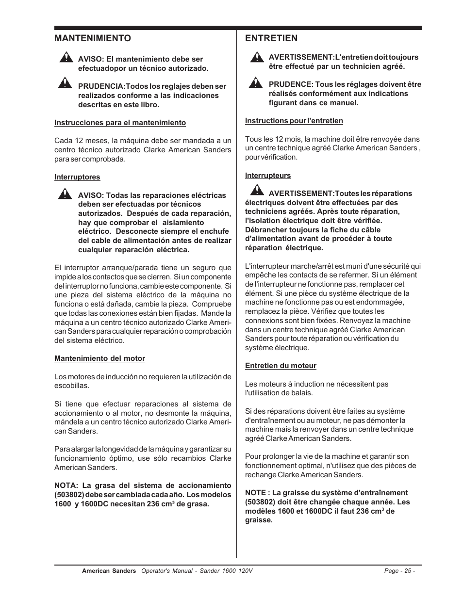 Mantenimiento, Entretien | Clarke 1600 User Manual | Page 25 / 32