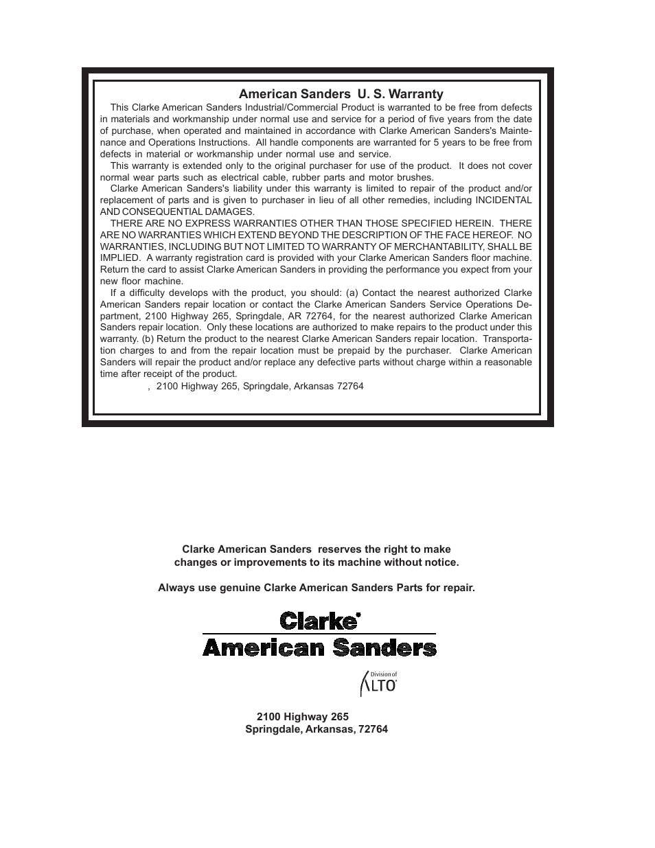 Clarke® american sanders u. s. warranty, Clarke, American sanders u. s. warranty | Clarke 1600 User Manual | Page 32 / 32