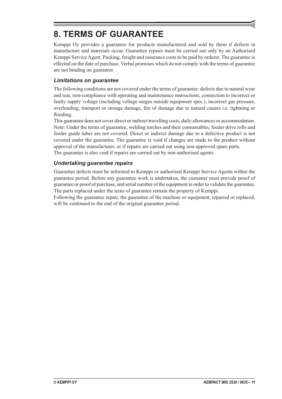 Terms of guarantee | Kemppi MIG 2520 User Manual | Page 11 / 12