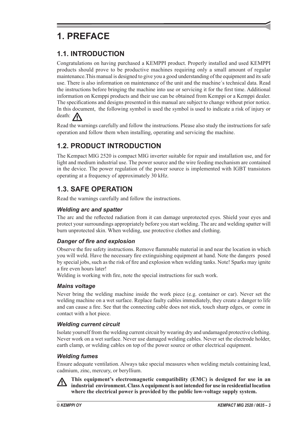 Preface, Introduction, Product introduction | Safe operation | Kemppi MIG 2520 User Manual | Page 3 / 12