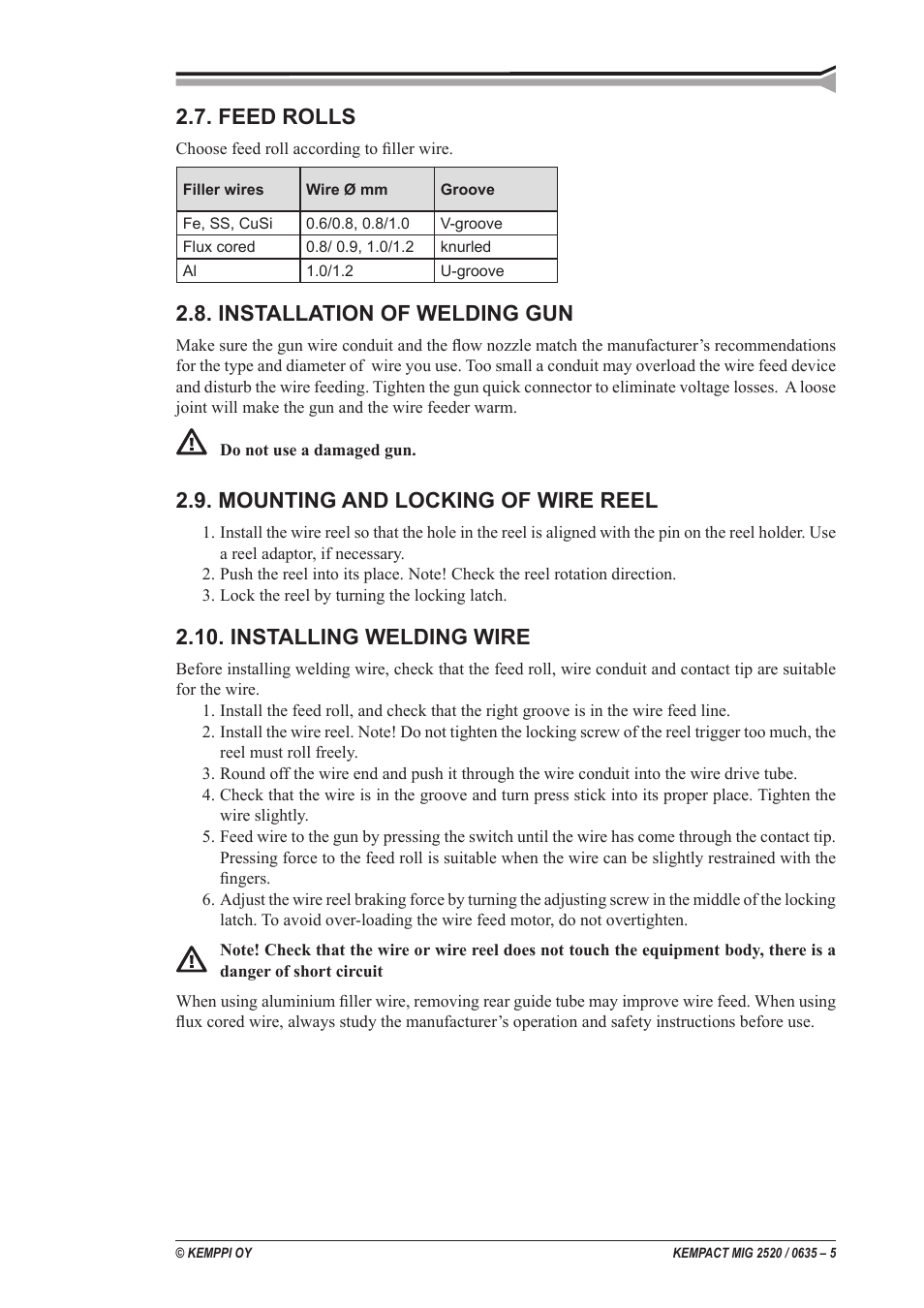 Feed rolls, Installation of welding gun, Mounting and locking of wire reel | Installing welding wire | Kemppi MIG 2520 User Manual | Page 5 / 12