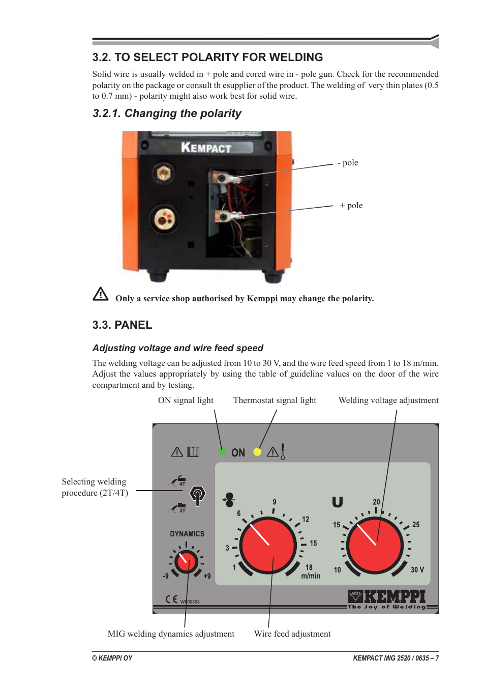 Changing the polarity, Panel | Kemppi MIG 2520 User Manual | Page 7 / 12