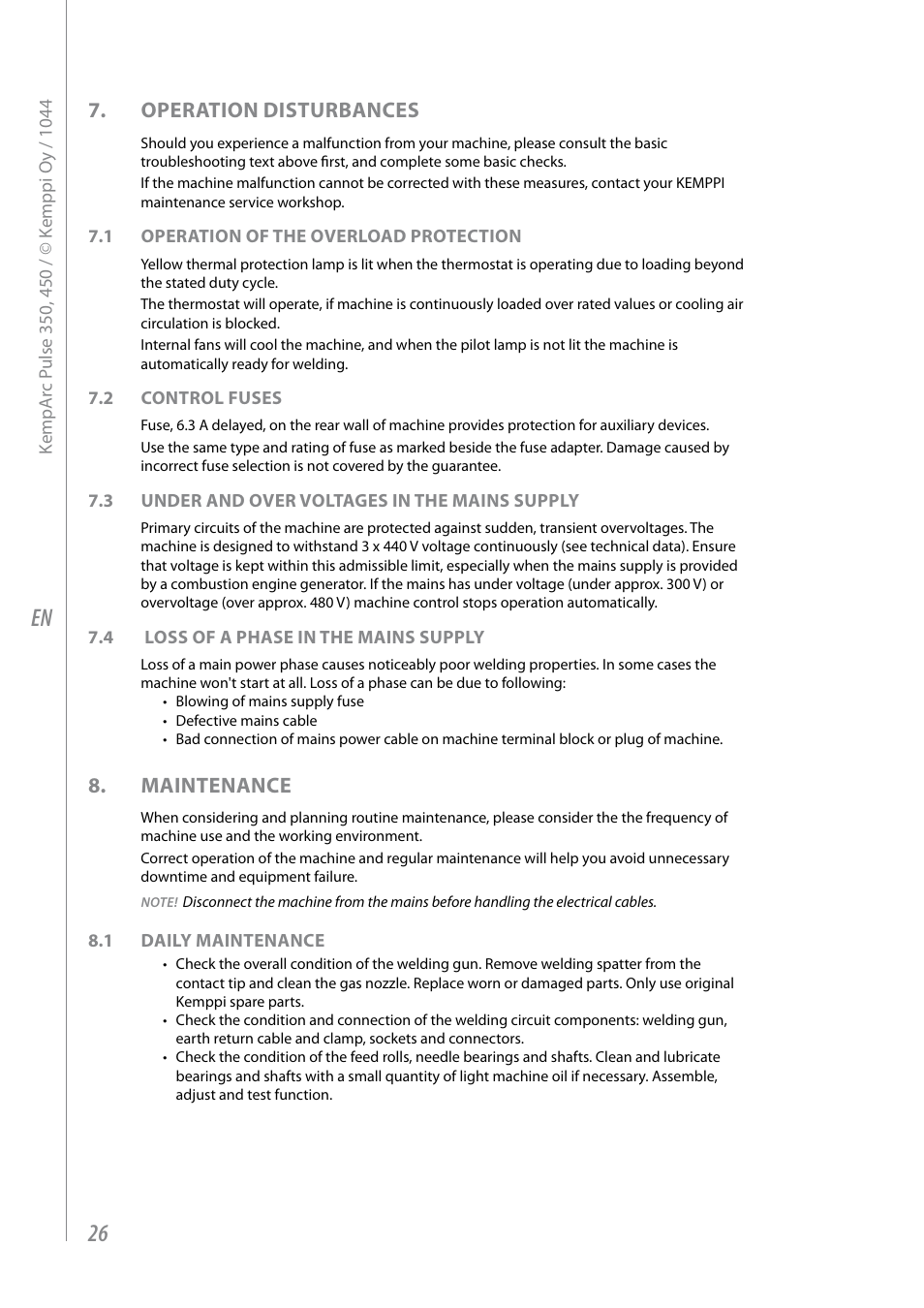 Operation disturbances, Maintenance | Kemppi Pulse 350 User Manual | Page 28 / 34