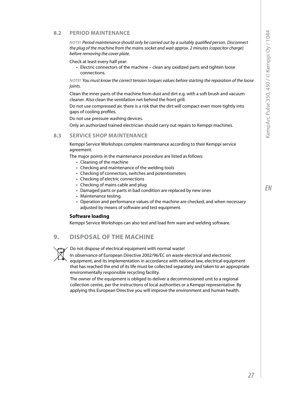 Disposal of the machine | Kemppi Pulse 350 User Manual | Page 29 / 34