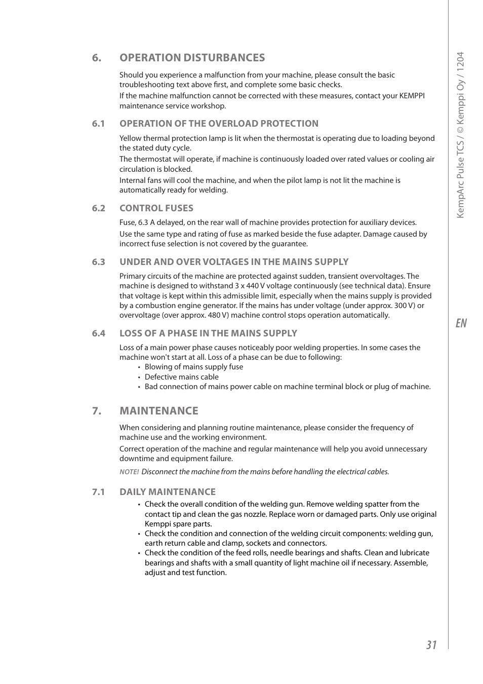 Operation disturbances, Maintenance | Kemppi Pulse TCS User Manual | Page 33 / 38