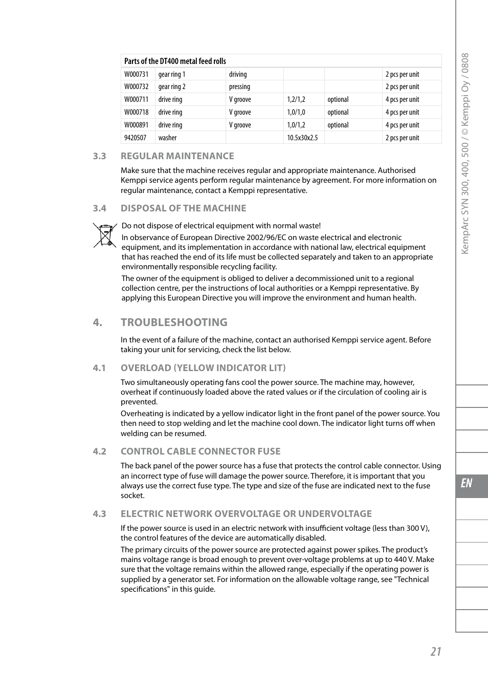 Fi sv no da en de nl fr es pl ru, Troubleshooting | Kemppi KempArc DT400 User Manual | Page 23 / 28