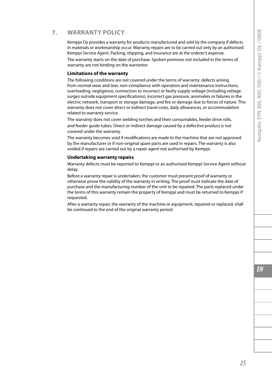 Fi sv no da en de nl fr es pl ru, Warranty policy | Kemppi KempArc DT400 User Manual | Page 27 / 28