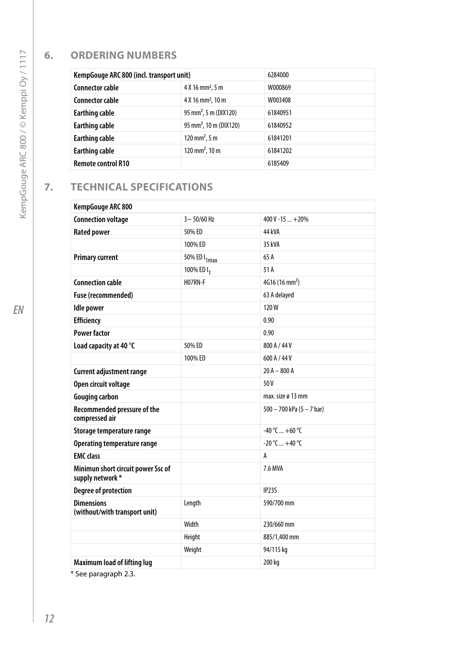 Ordering numbers, Technical specifications | Kemppi ARC800 User Manual | Page 14 / 16