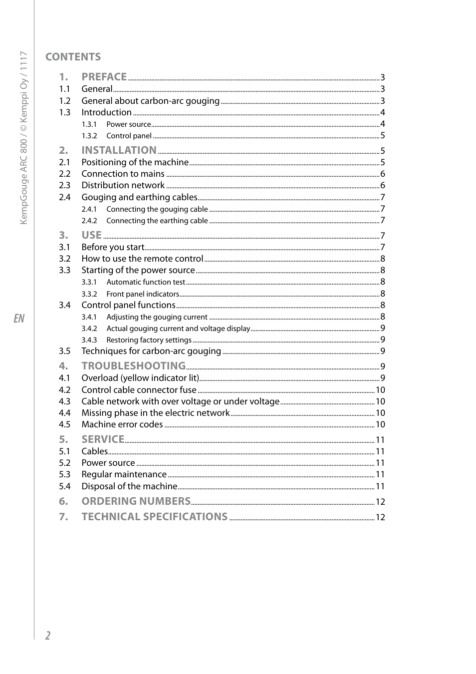 Contents 1. preface, Installation, Troubleshooting | Service, Ordering numbers, Technical specifications | Kemppi ARC800 User Manual | Page 4 / 16