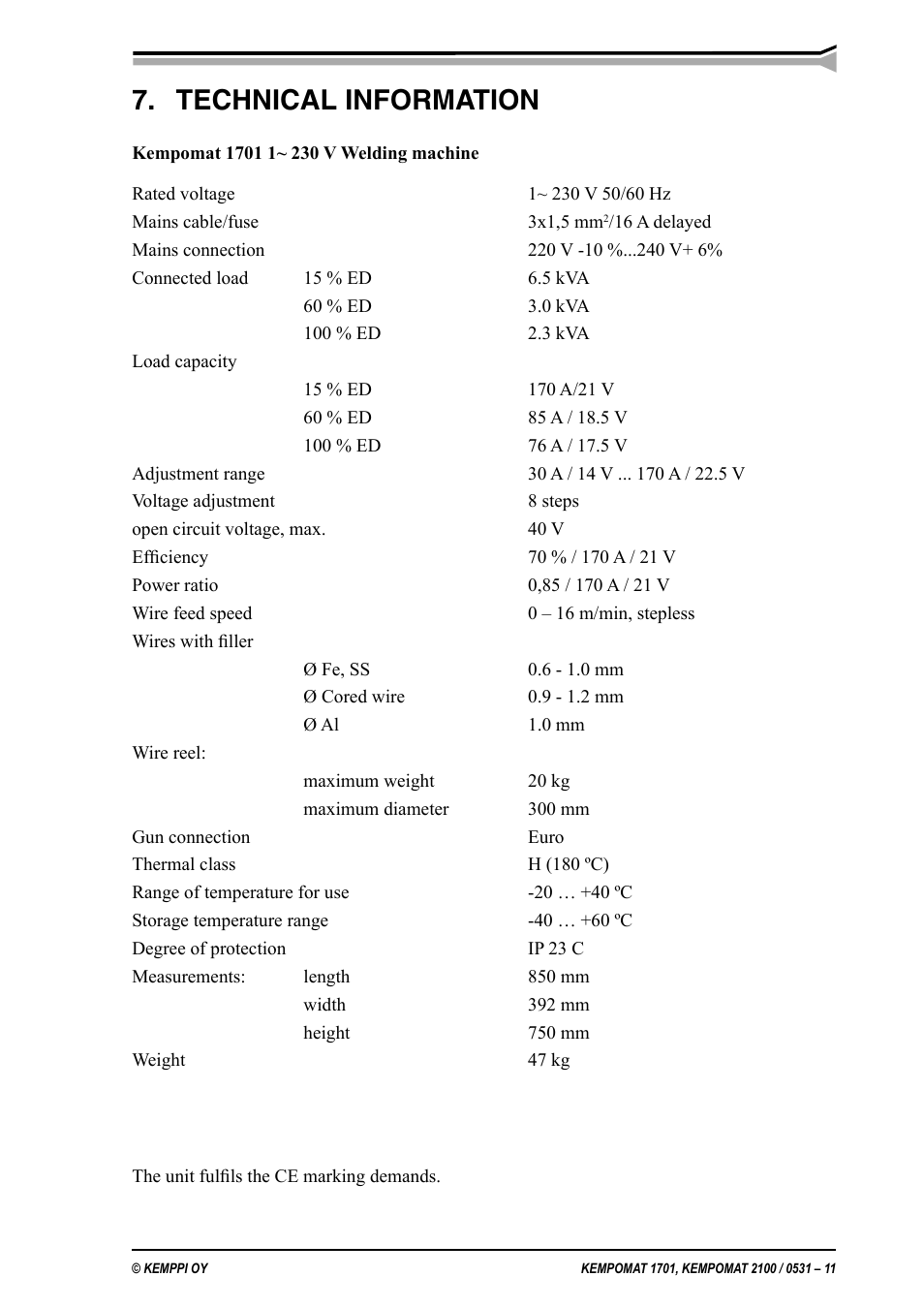 Technical information | Kemppi Kempomat 1701 User Manual | Page 11 / 14