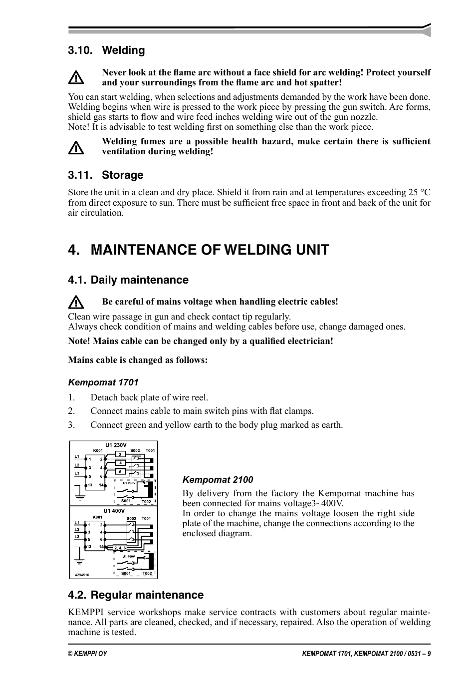 Maintenance of welding unit | Kemppi Kempomat 1701 User Manual | Page 9 / 14