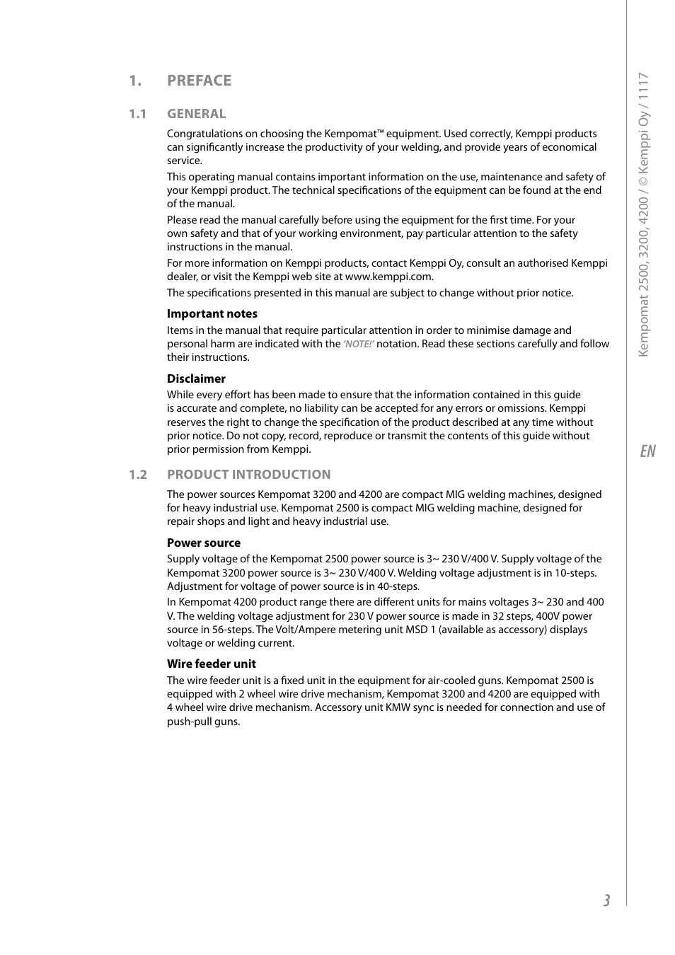 Preface | Kemppi Kempomat 2500 User Manual | Page 5 / 26