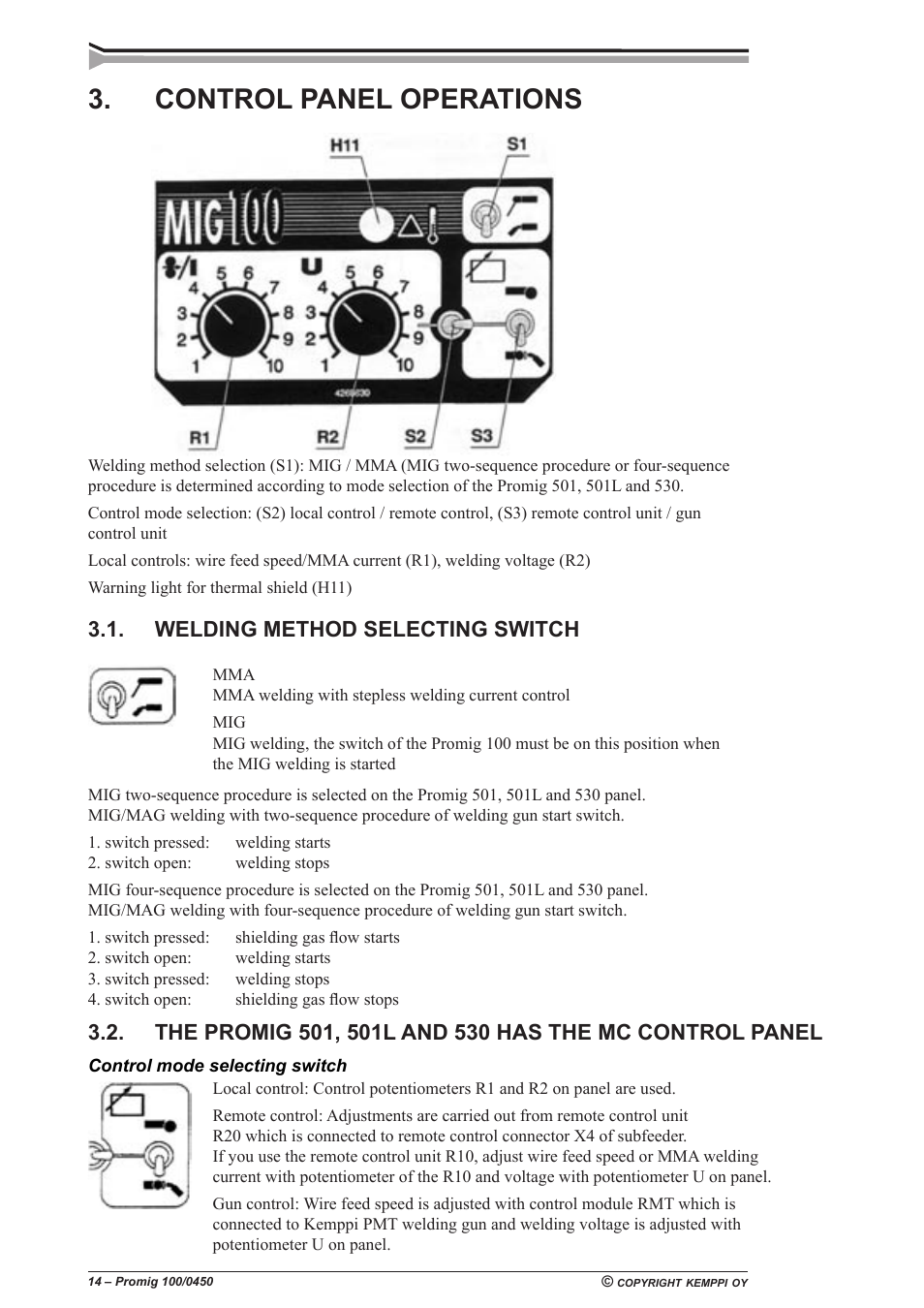 Control panel operations, Welding method selecting switch | Kemppi Promig 100 User Manual | Page 14 / 19