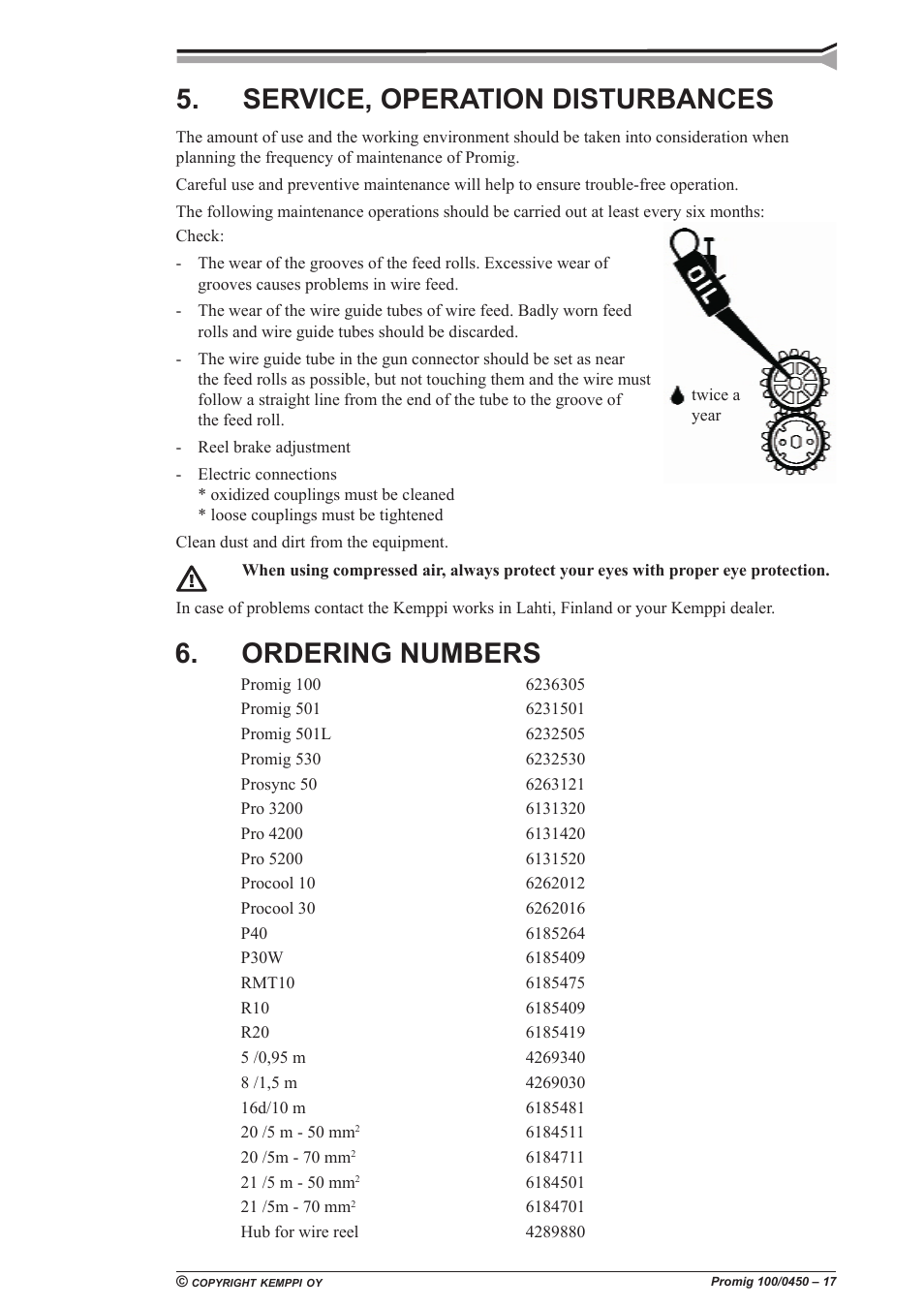 Service, operation disturbances, Ordering numbers | Kemppi Promig 100 User Manual | Page 17 / 19