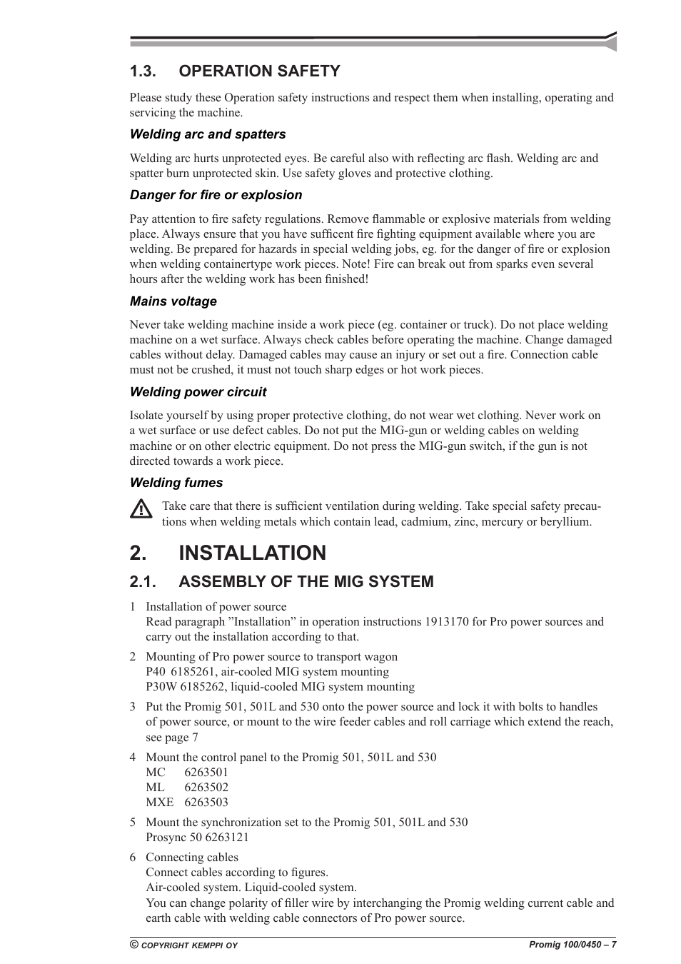 Installation, Operation safety, Assembly of the mig system | Kemppi Promig 100 User Manual | Page 7 / 19
