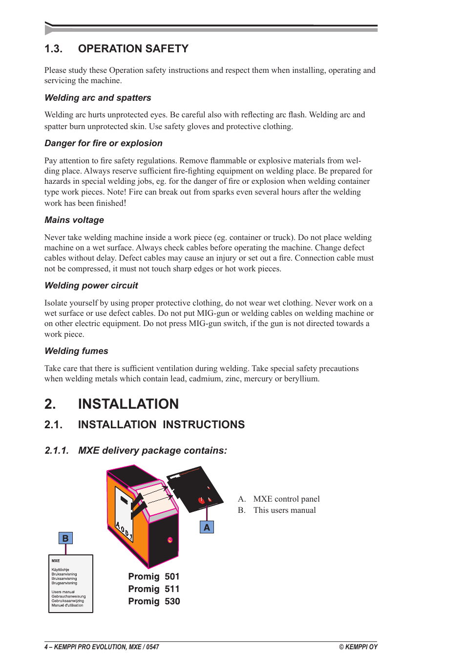 Installation, Operation safety, Installation instructions | Kemppi ProMXE User Manual | Page 4 / 20