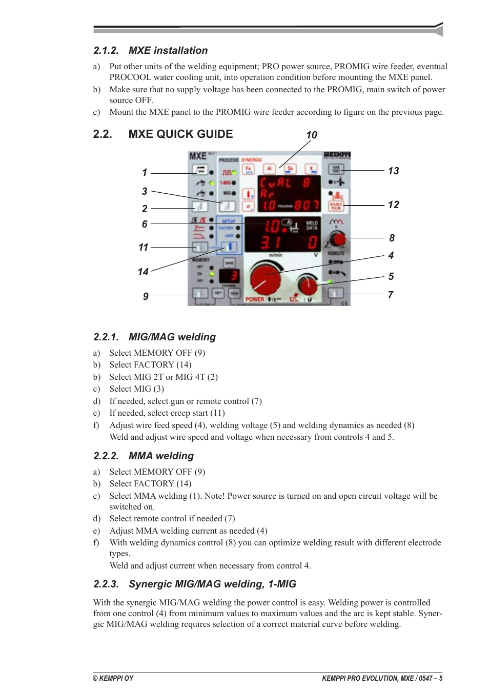 Mxe quick guide | Kemppi ProMXE User Manual | Page 5 / 20