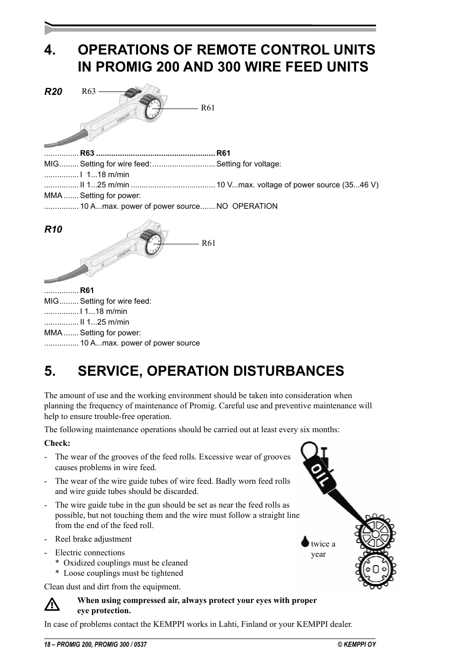 Service, operation disturbances | Kemppi Promig 200 User Manual | Page 18 / 22