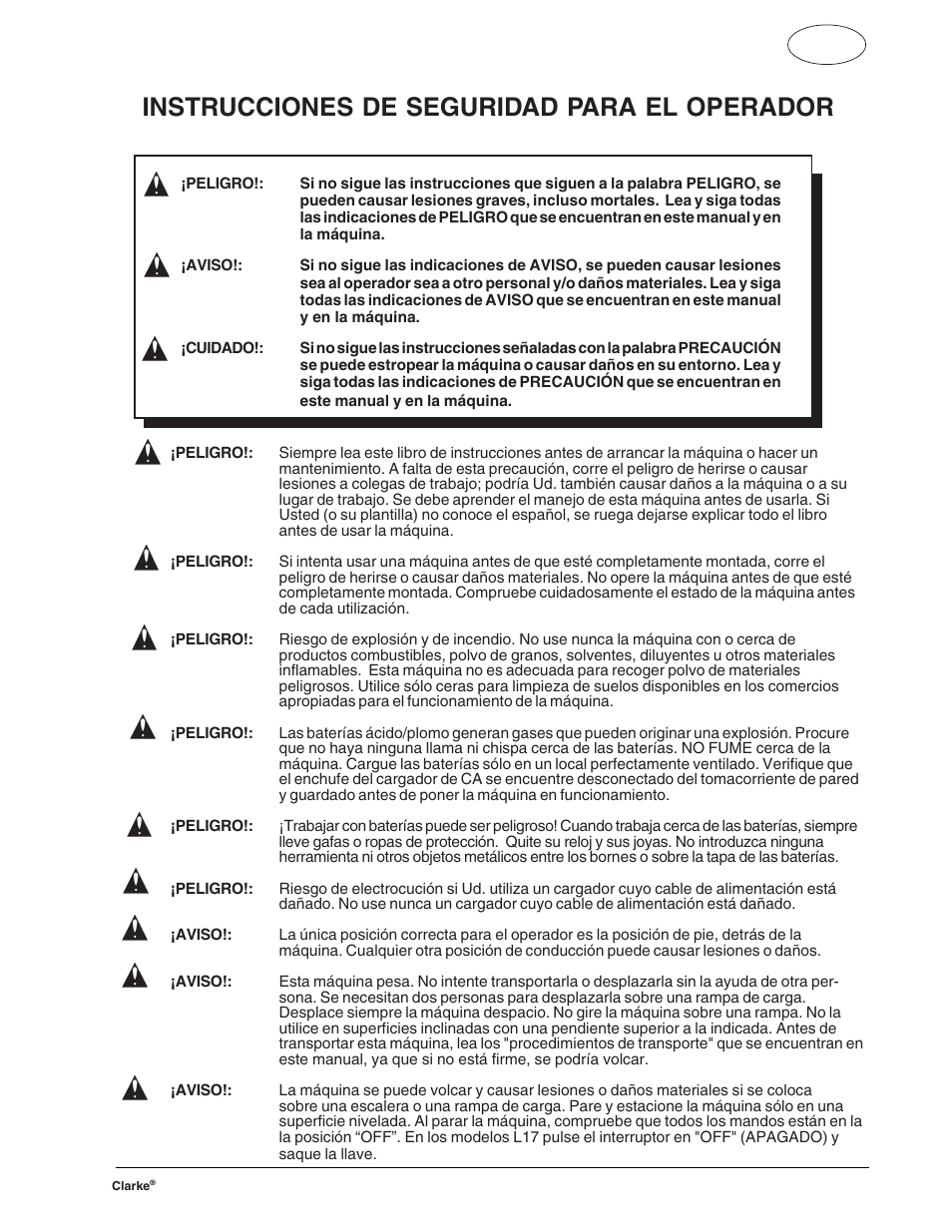 Instrucciones de seguridad para el operador | Clarke FOCUS S17 User Manual | Page 29 / 110