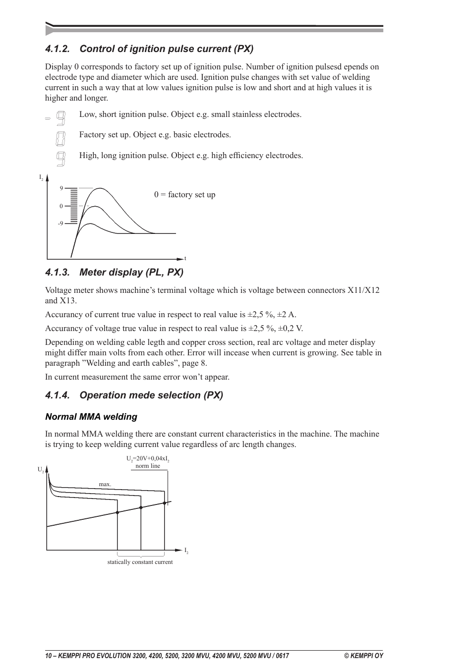 Control of ignition pulse current (px), Meter display (pl, px), Operation mede selection (px) | Normal mma welding | Kemppi Pro Evolution 3200 User Manual | Page 10 / 17