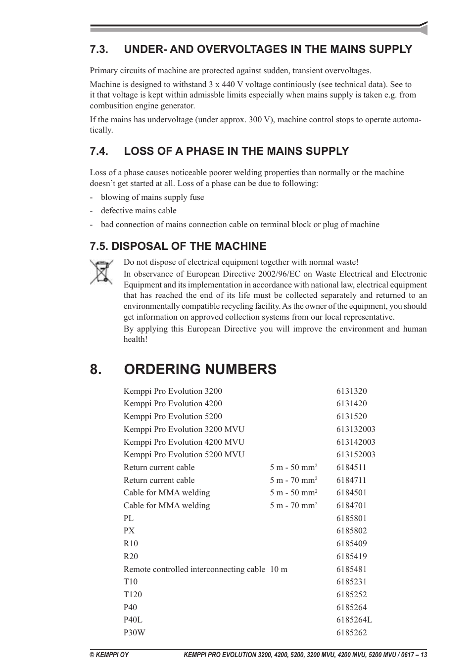 Ordering numbers, Under- and overvoltages in the mains supply, Loss of a phase in the mains supply | Disposal of the machine | Kemppi Pro Evolution 3200 User Manual | Page 13 / 17
