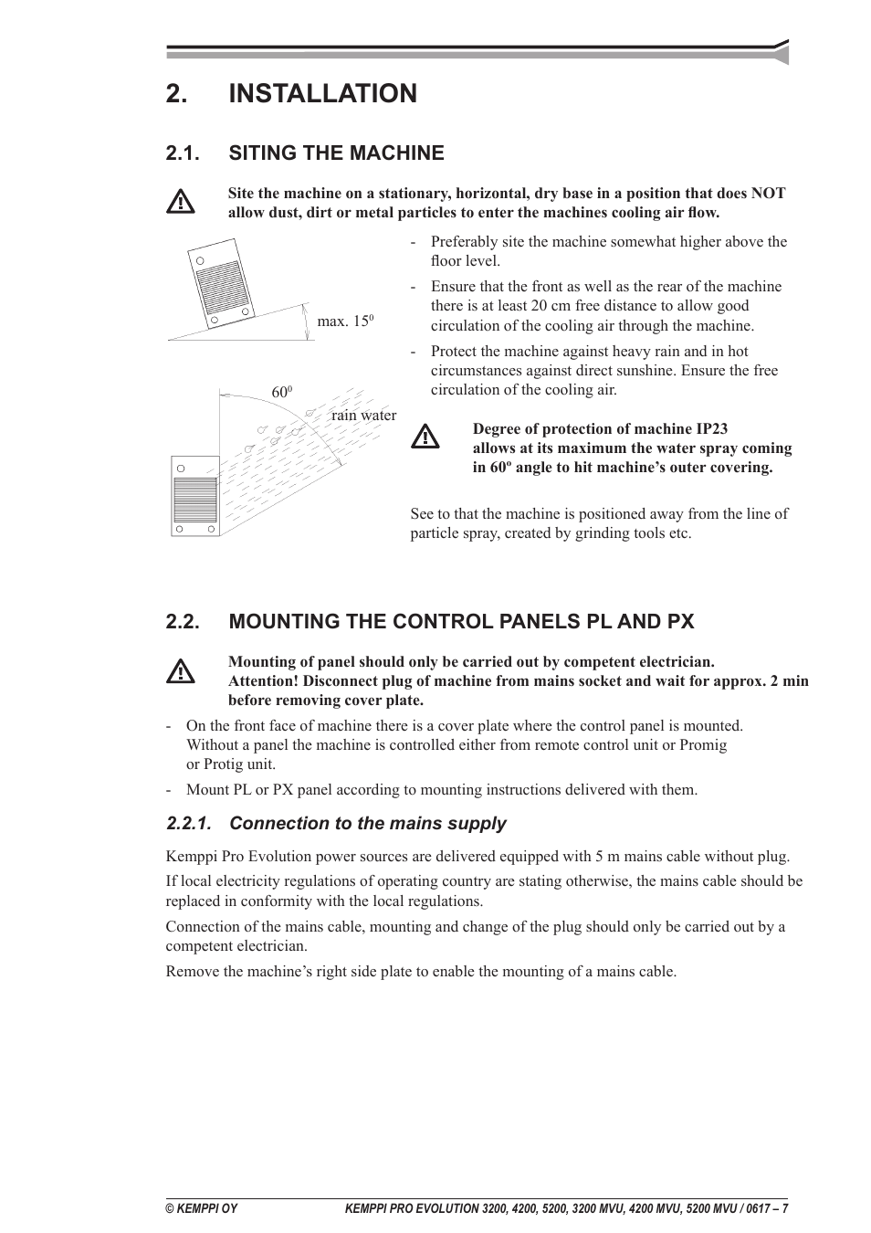 Installation, Siting the machine, Mounting the control panels pl and px | Kemppi Pro Evolution 3200 User Manual | Page 7 / 17