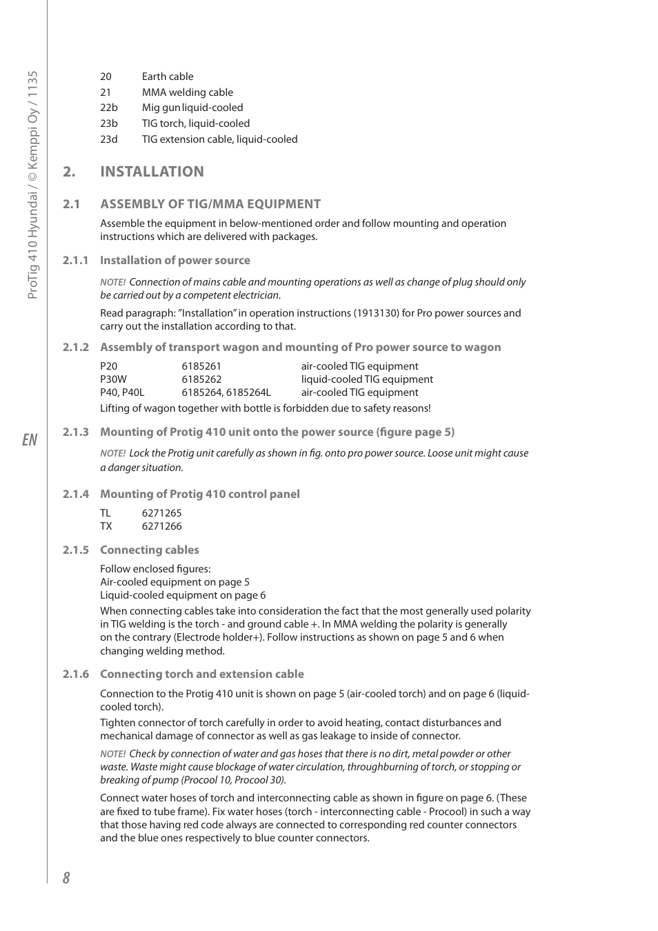 Installation | Kemppi Protig 410 User Manual | Page 10 / 28