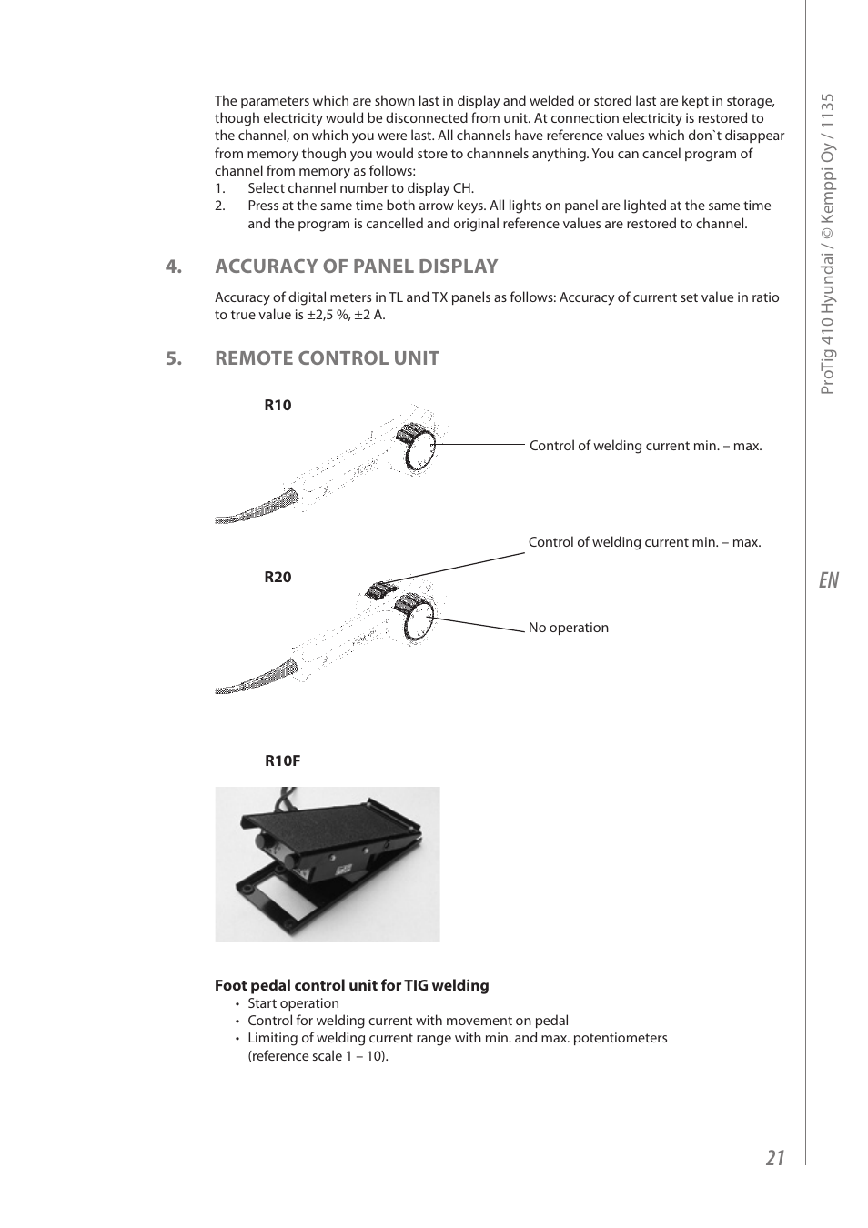 Accuracy of panel display, Remote control unit | Kemppi Protig 410 User Manual | Page 23 / 28