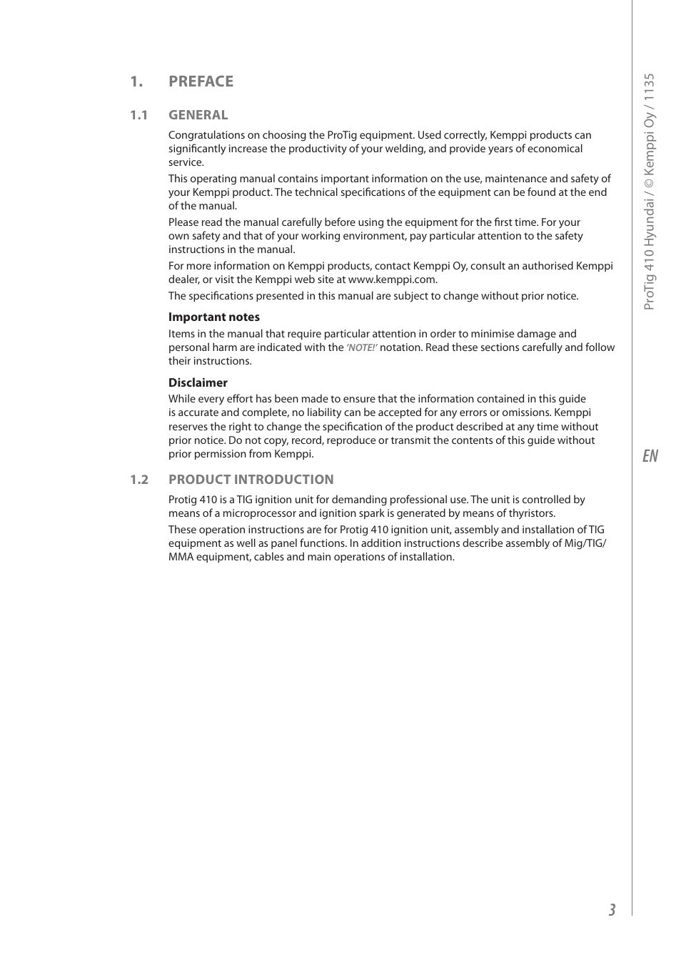 Preface | Kemppi Protig 410 User Manual | Page 5 / 28