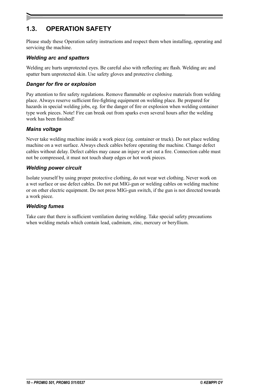 Operation safety | Kemppi Protig 501L User Manual | Page 10 / 37