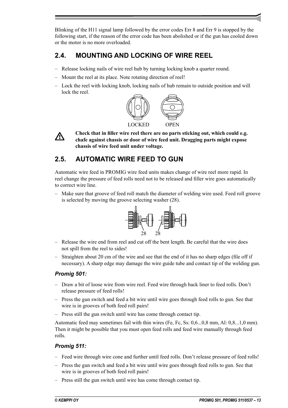 Mounting and locking of wire reel, Automatic wire feed to gun | Kemppi Protig 501L User Manual | Page 13 / 37