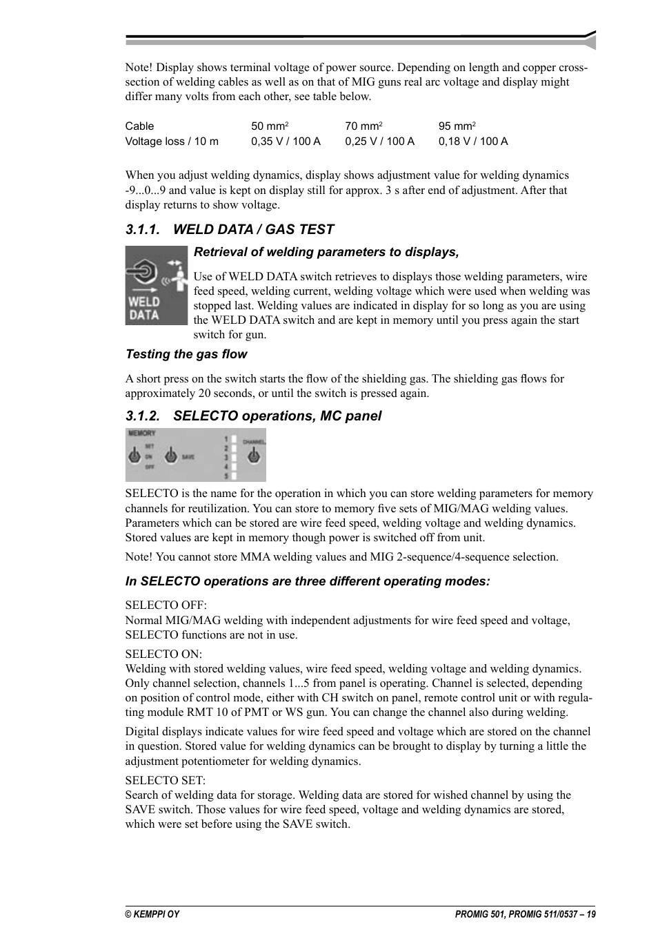 Weld data / gas test, Selecto operations, mc panel | Kemppi Protig 501L User Manual | Page 19 / 37