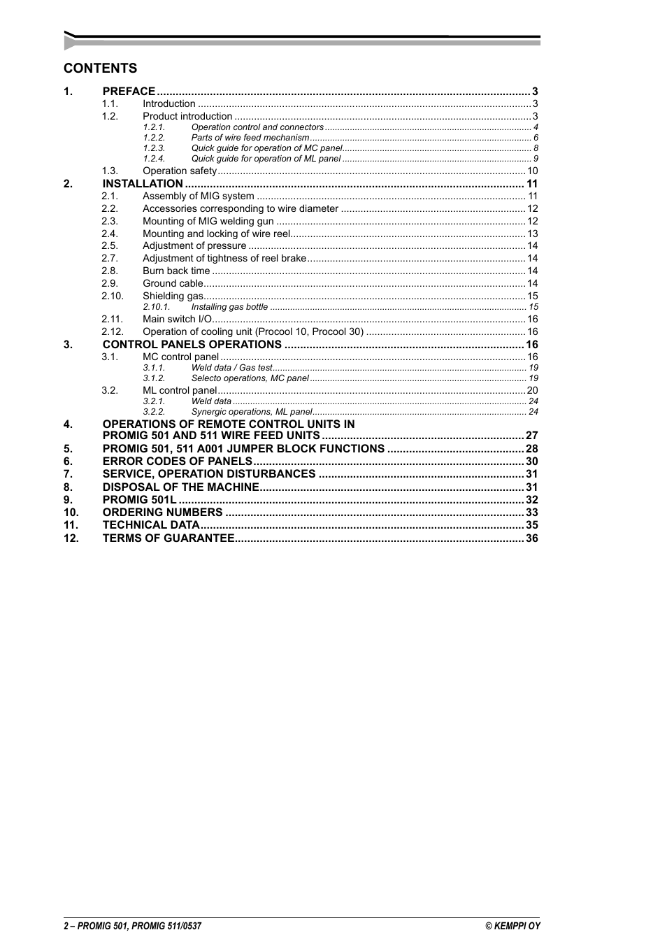 Kemppi Protig 501L User Manual | Page 2 / 37