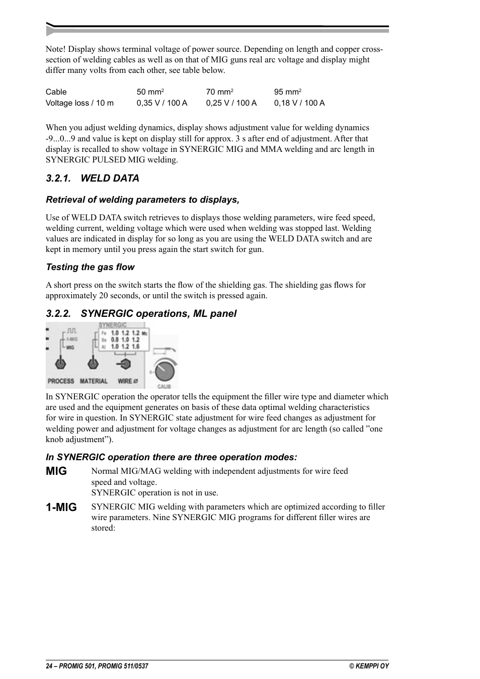 Mig 1-mig, Weld data, Synergic operations, ml panel | Kemppi Protig 501L User Manual | Page 24 / 37