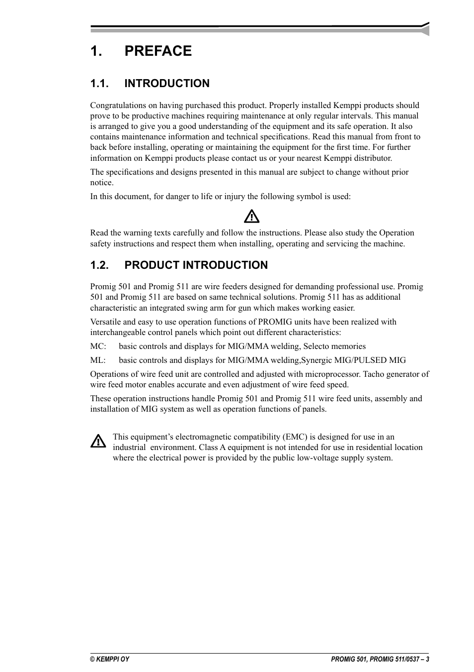 Preface, Introduction, Product introduction | Kemppi Protig 501L User Manual | Page 3 / 37