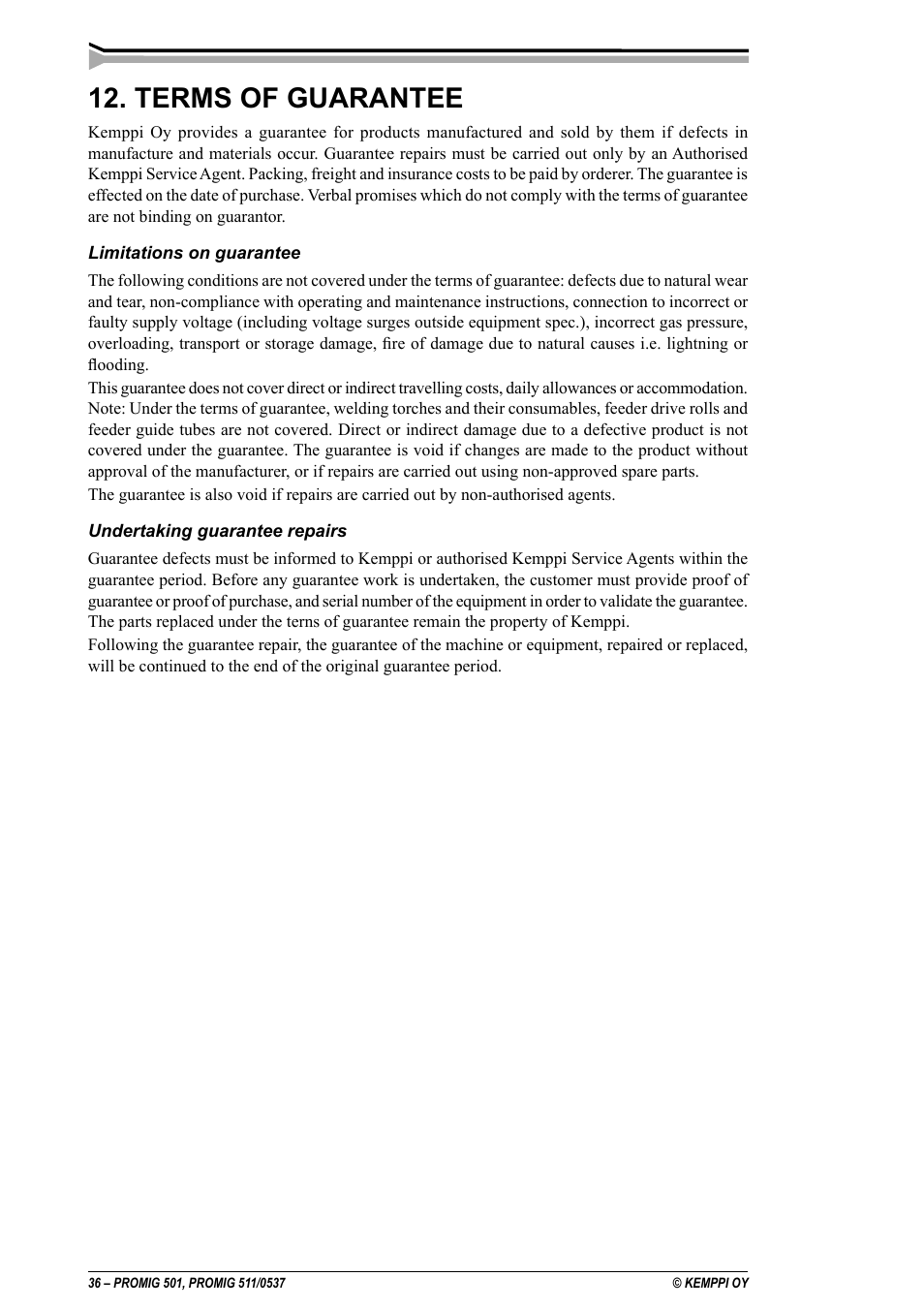 Terms of guarantee | Kemppi Protig 501L User Manual | Page 36 / 37