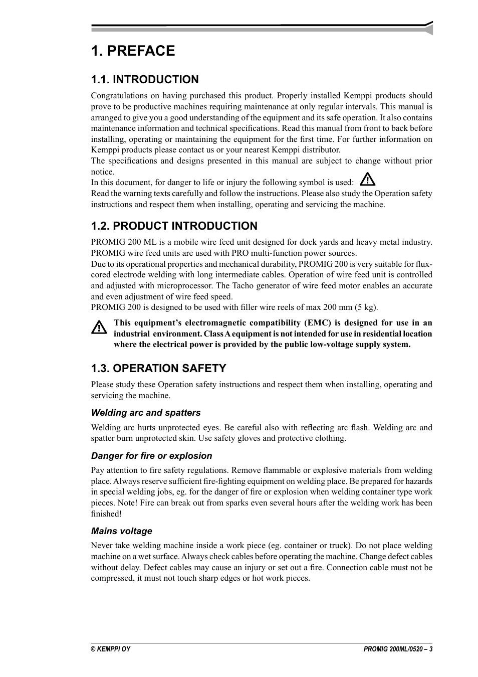 Preface 1.1. introduction, Product introduction, Operation safety | Preface, Introduction | Kemppi Promig 200 ML User Manual | Page 3 / 18