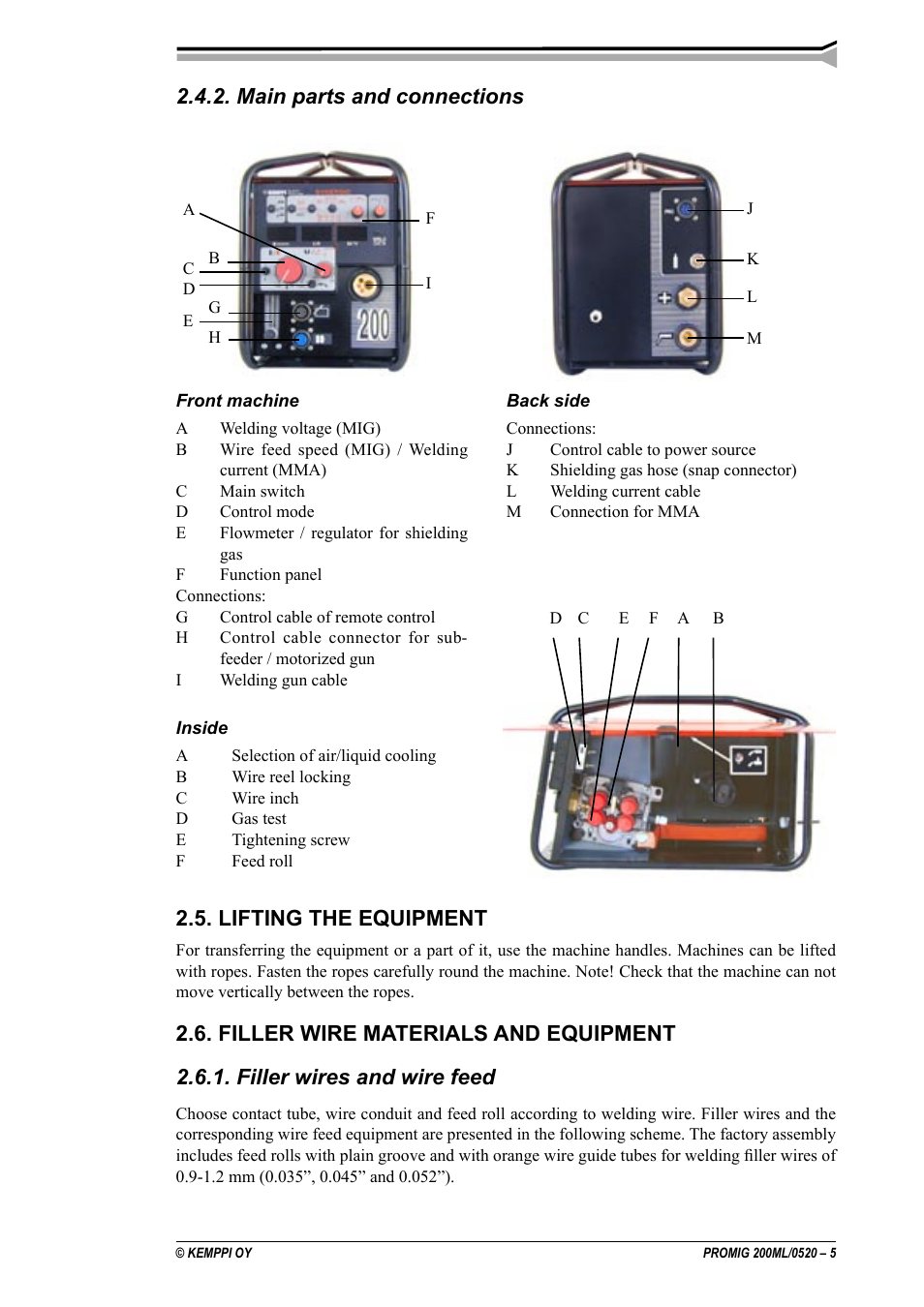 Main parts and connections, Lifting the equipment, Filler wire materials and equipment | Filler wires and wire feed | Kemppi Promig 200 ML User Manual | Page 5 / 18
