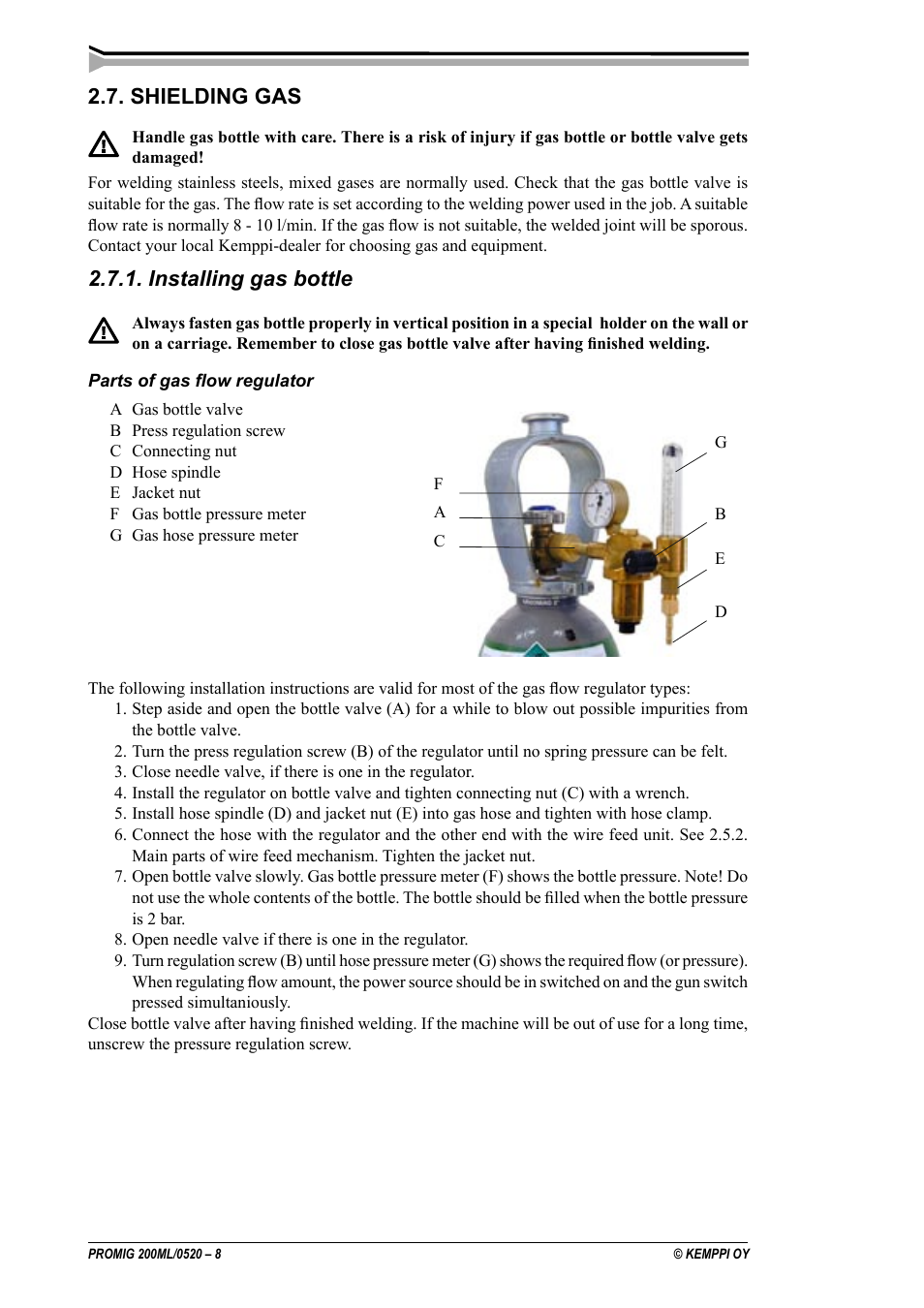 Shielding gas, Installing gas bottle | Kemppi Promig 200 ML User Manual | Page 8 / 18