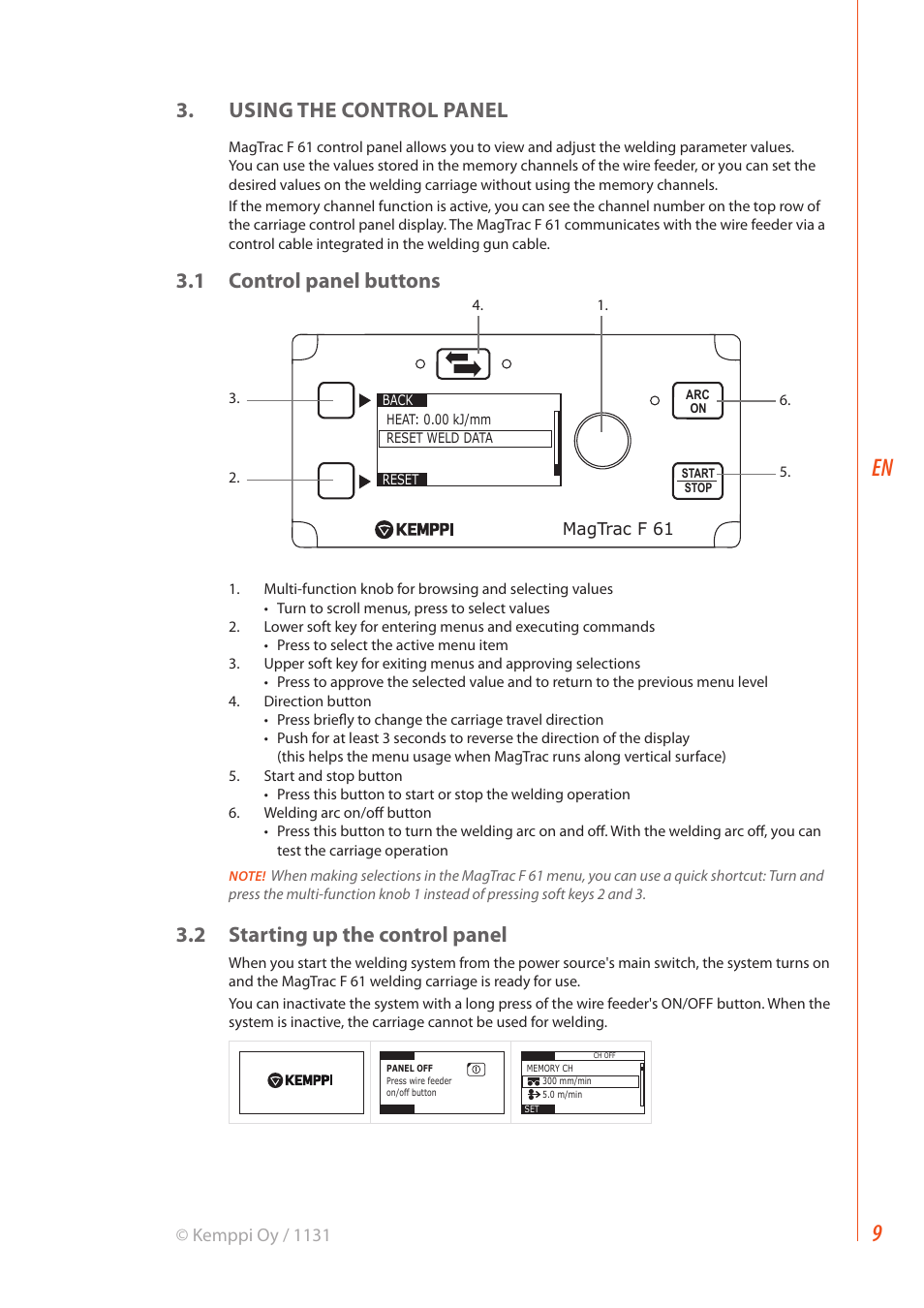 Using the control panel, 1 control panel buttons, 2 starting up the control panel | Kemppi MagTrac F 61 User Manual | Page 11 / 20