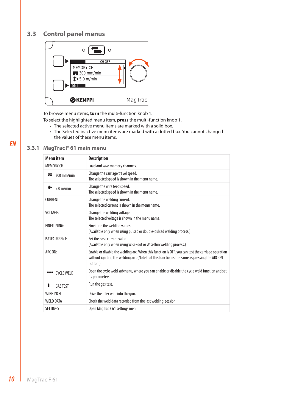 3 control panel menus | Kemppi MagTrac F 61 User Manual | Page 12 / 20